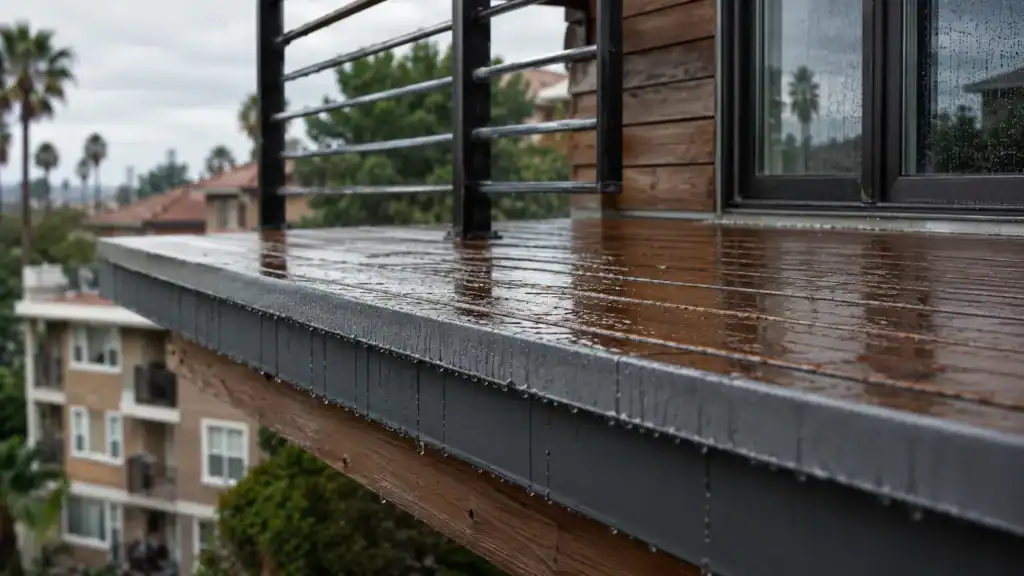 Water damage on a California rental property balcony during repair
