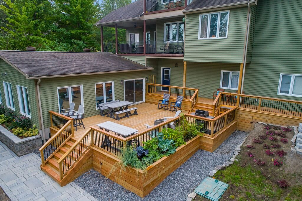 Well-maintained commercial deck with seating area