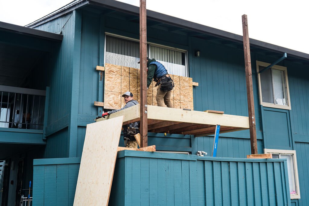 New balcony construction on commercial apartment exterior