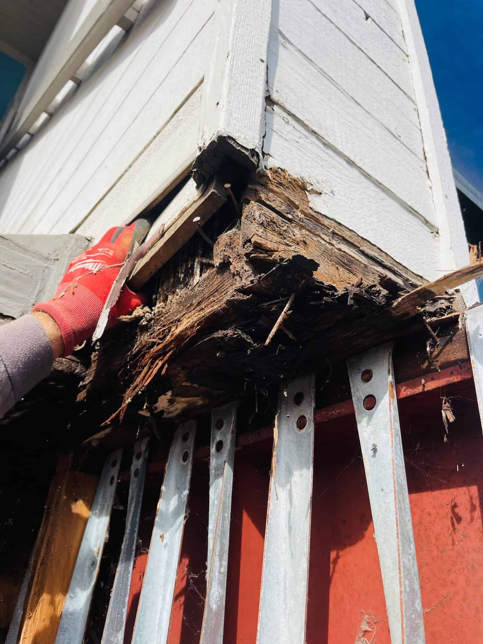 Detail view of exposed structural joist during balcony repair