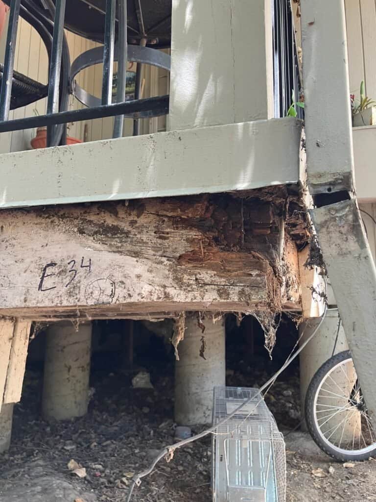 Severe wood rot exposed during balcony repair on a commercial multifamily property