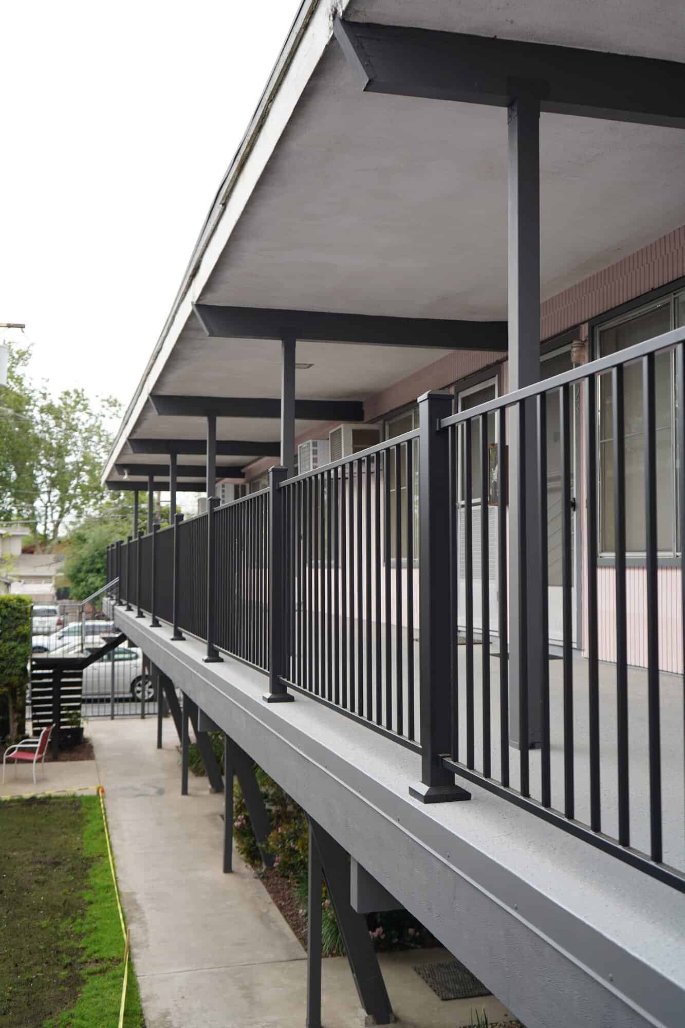 Rebuilt apartment courtyard with a new level surface and corrected drainage