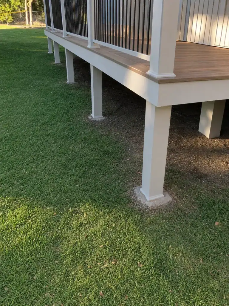 Rebuilt ground-floor apartment deck with new decking, painted posts and black aluminum guardrail