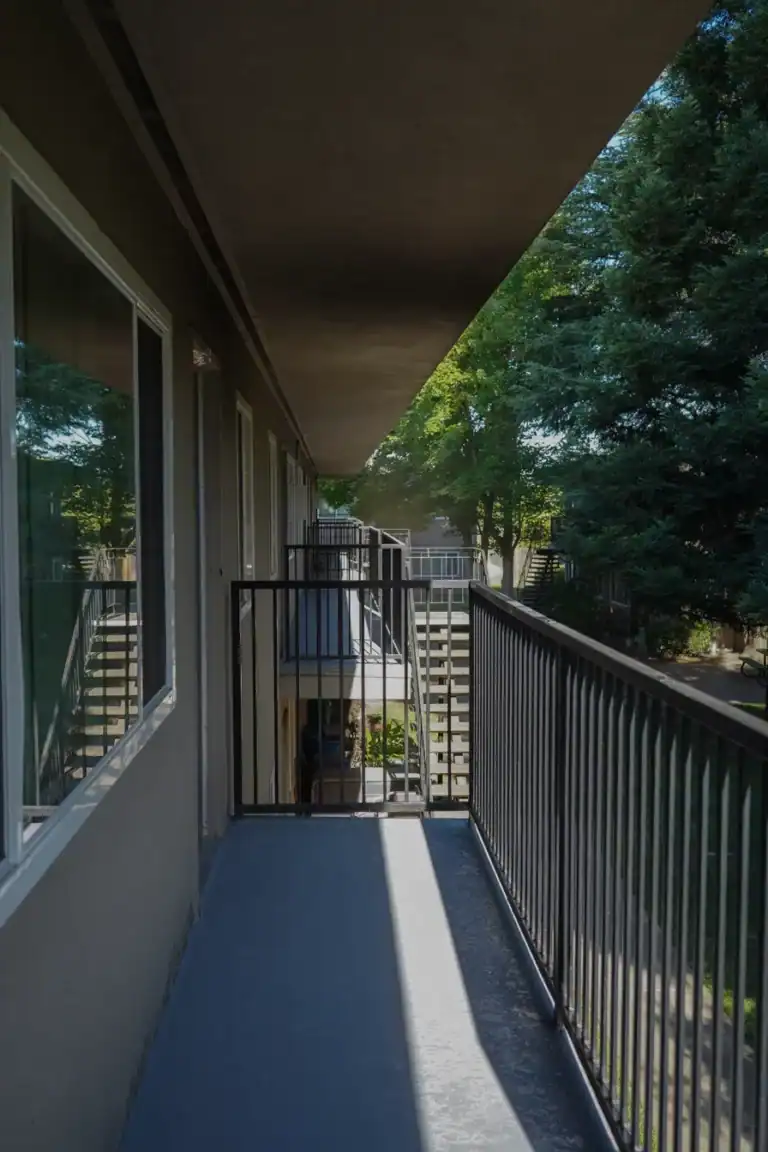 Coated elevated walkway serving upper-floor apartments in south Sacramento