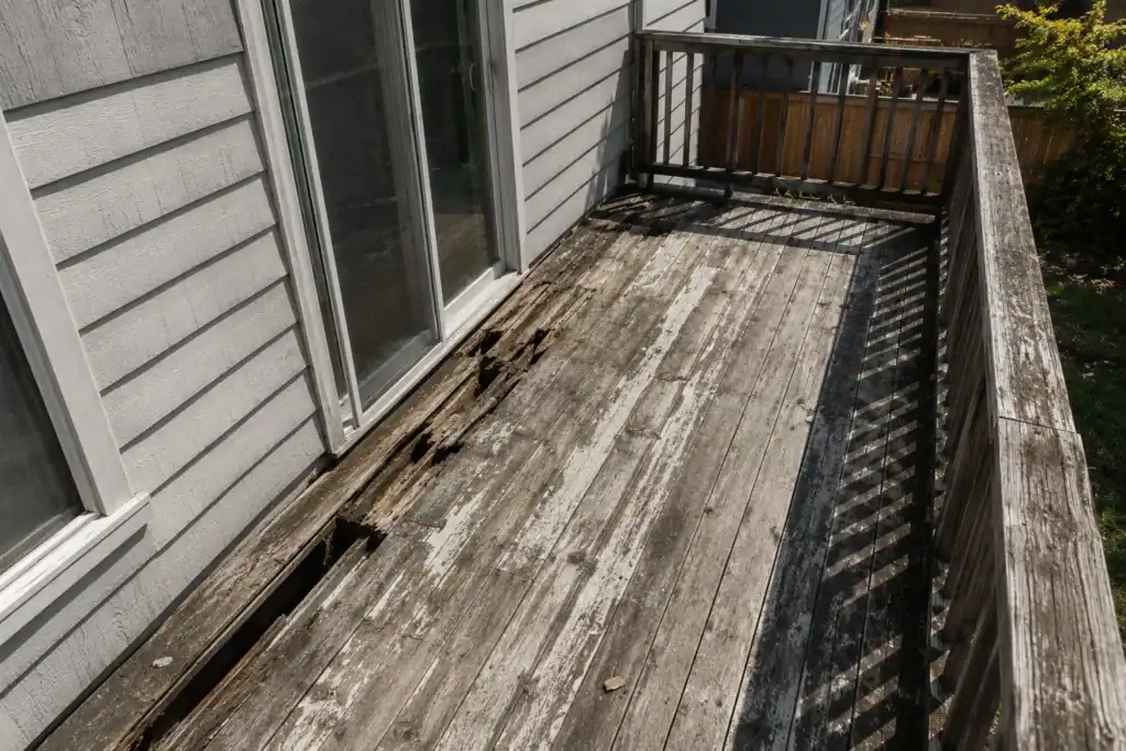 Failed balcony deck with rot and holes through the boards along the wall at the door threshold