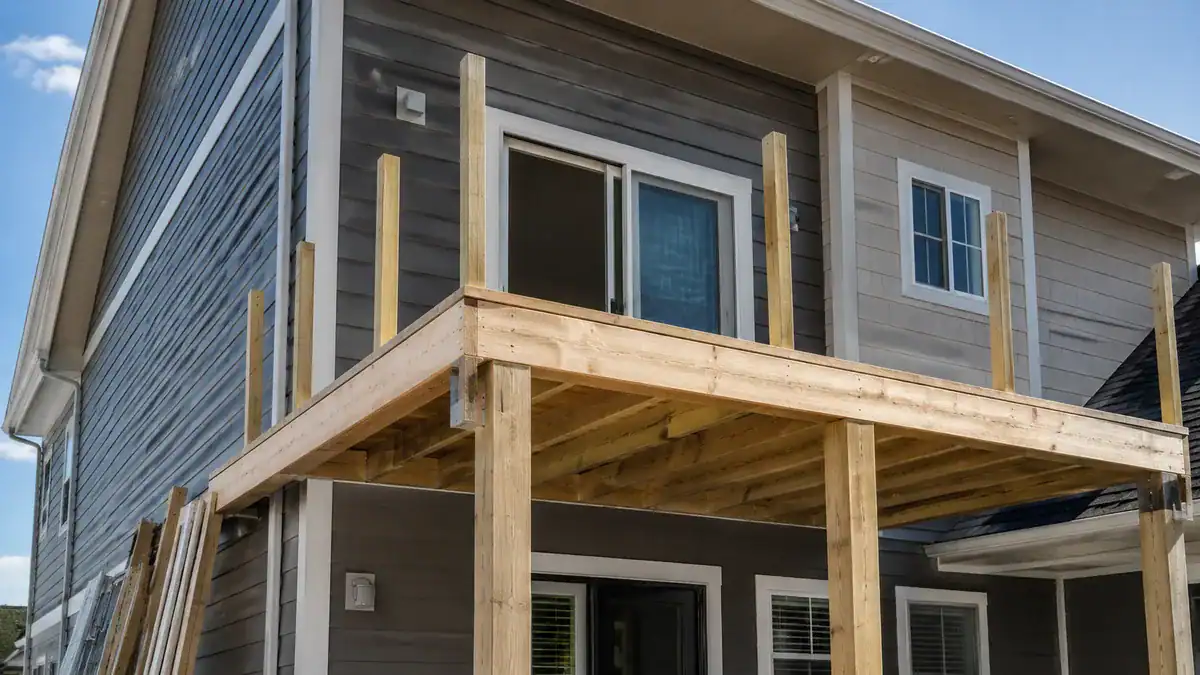 New balcony structure with joists, rim beam and rail posts framed, before decking