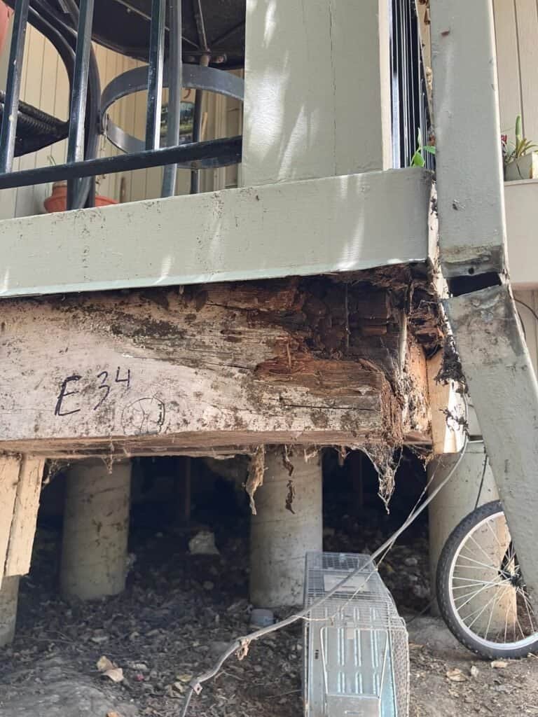 Rotted beam end behind an intact painted fascia at a Rio Linda apartment balcony