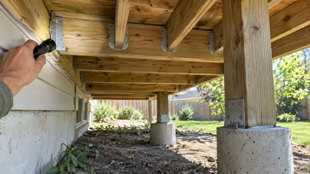 Flashlight inspection under a wood deck showing joist hangers, beam, and posts on concrete pier footings