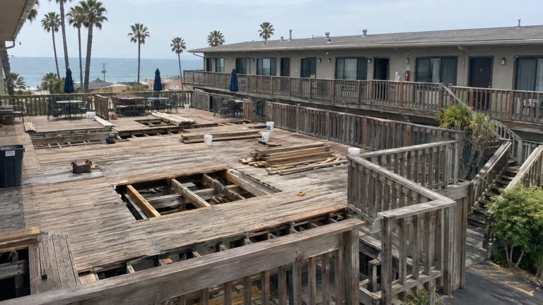 Coastal apartment building in Daly City with a large shared elevated deck under rebuild, ocean in the background