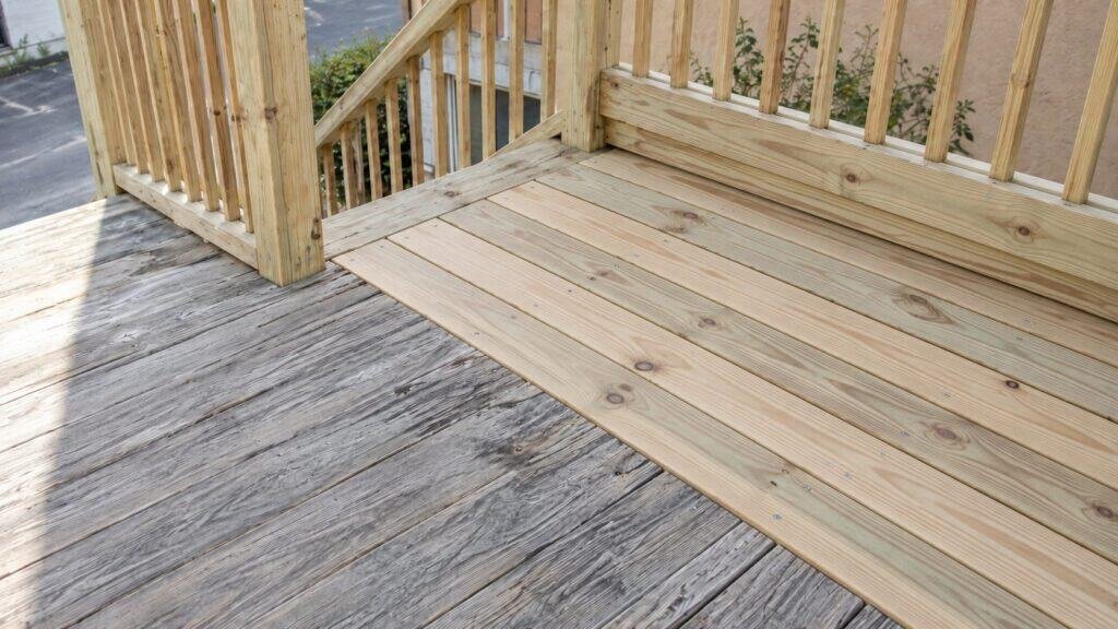 Coastal deck with new pressure-treated decking and railing installed during restoration in Daly City