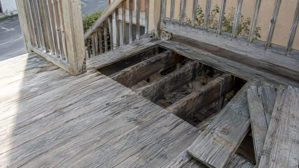 Weathered coastal deck with a section removed exposing rotted joists before restoration in Daly City