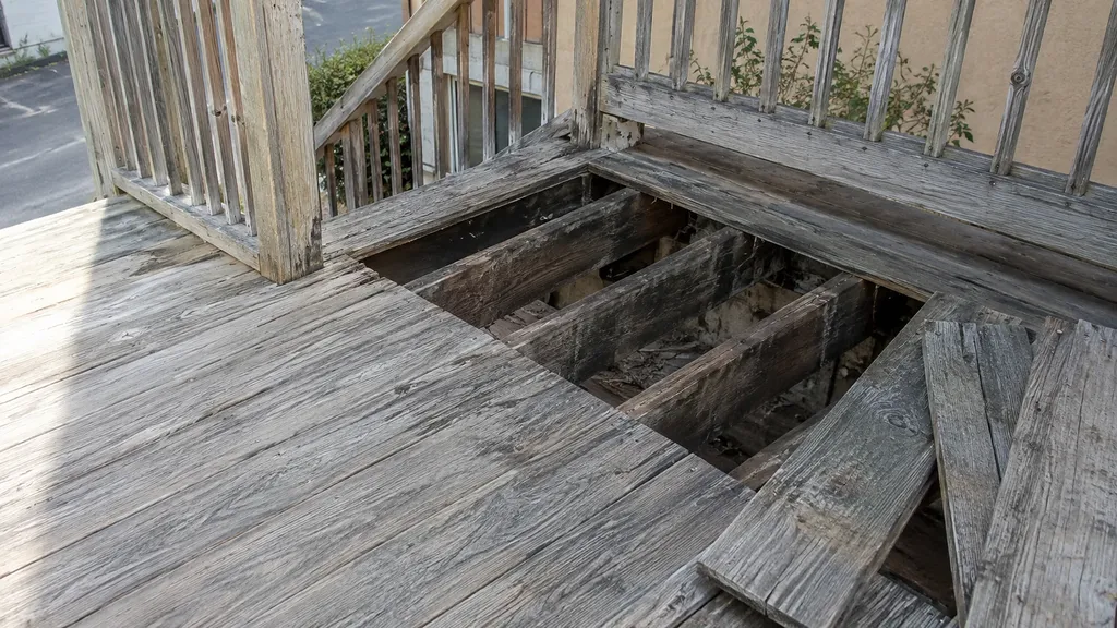 Weathered coastal deck with a section removed exposing rotted joists before restoration in Daly City