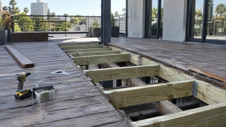 New pressure-treated joists installed over the existing structure during an elevated deck rebuild