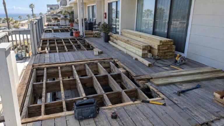 Long run of a coastal shared deck mid-rebuild with old decking removed and new pressure-treated lumber staged