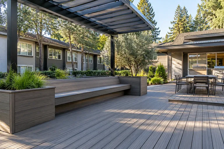 Decking Sacramento — guest-facing deck with built-in bench seating and planters under a shade structure