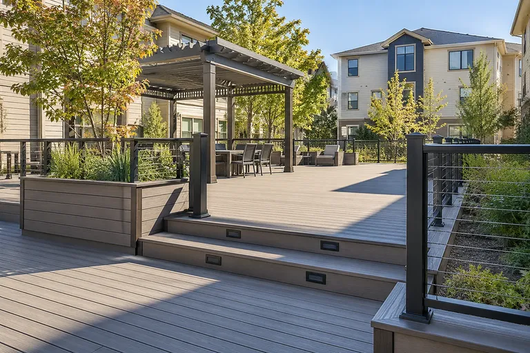 Deck contractors Sacramento — new guardrail and lighted stairs on a small elevated deck
