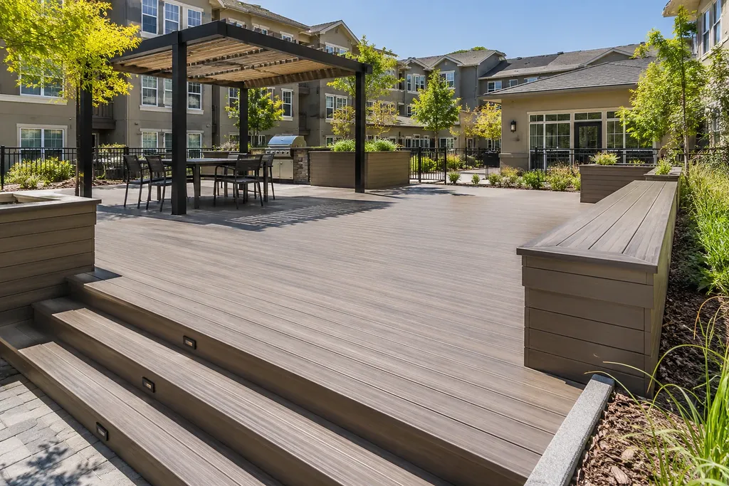 Decks Sacramento CA — shared apartment-community deck with wide stair run, bench seating and shade structure