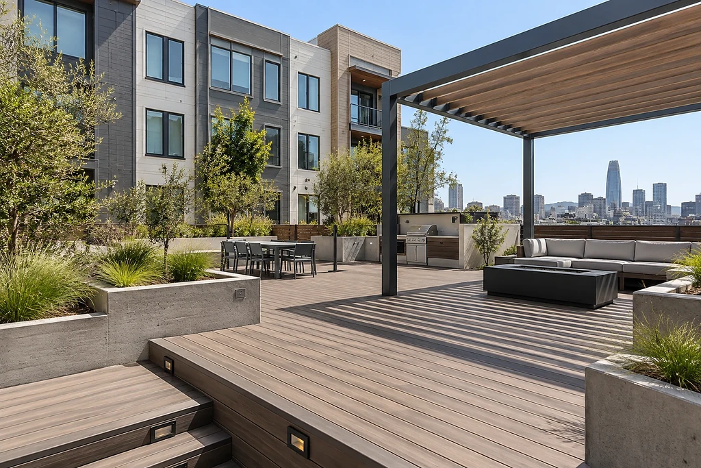 Deck builders San Francisco CA — rooftop deck with pergola, lounge seating and downtown skyline behind
