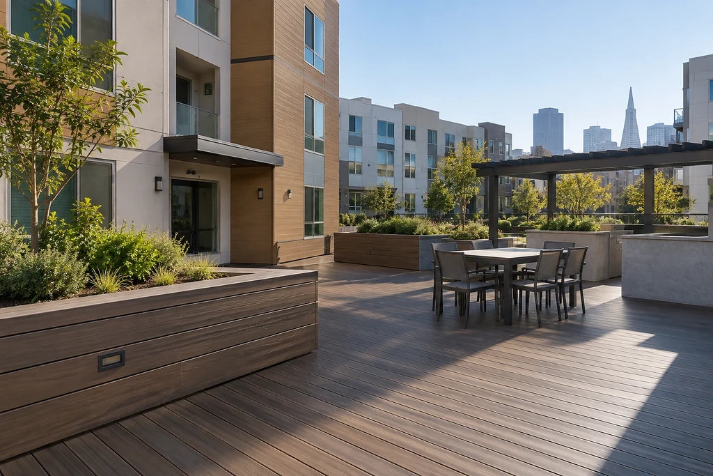 Building roof deck San Francisco — completed podium deck with dining terrace and downtown towers behind