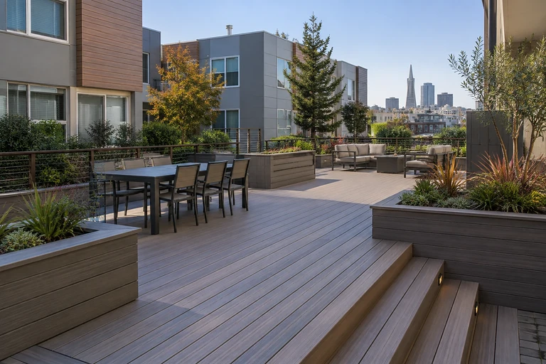 San Francisco deck contractors — condominium terrace with cable railing and the Transamerica Pyramid behind