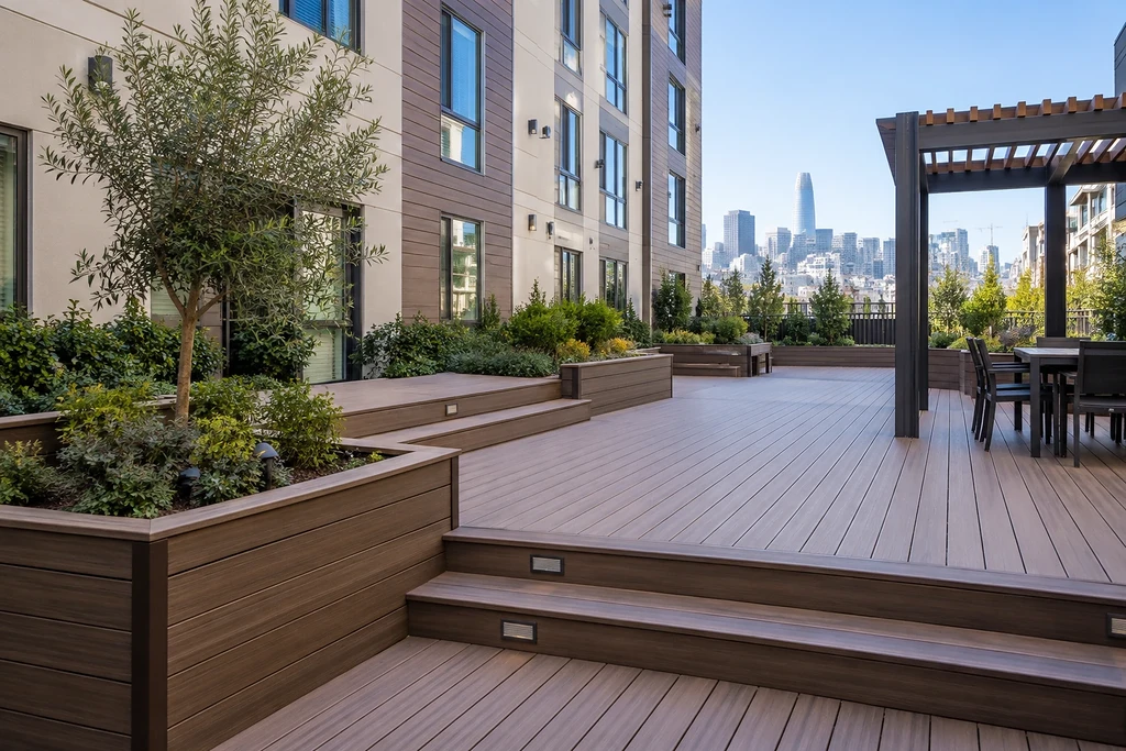 Decking San Francisco — composite terrace with planters, pergola and the downtown skyline behind