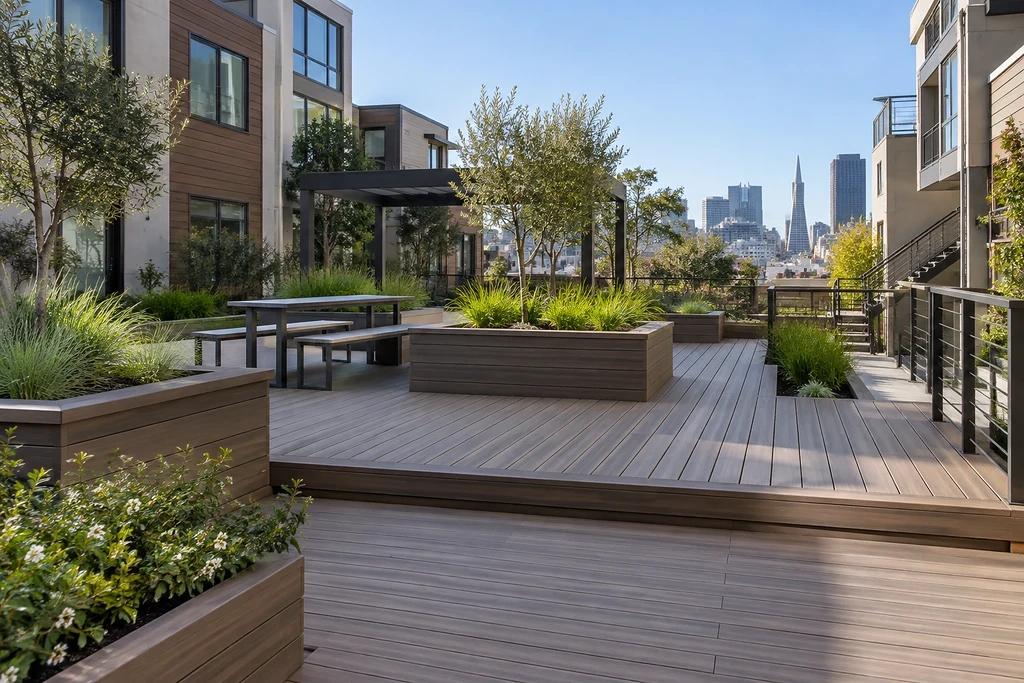Build roof deck San Francisco — rooftop terrace with planters, bench seating and cable railing above the city