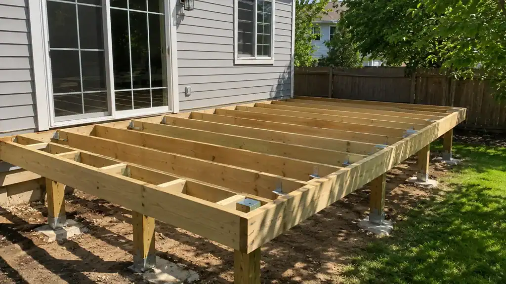 Completed deck frame on posts and piers, joists and rim set, ready for decking