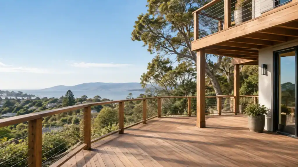 Elevated wood deck with post-and-cable railing on a hillside home, second-story deck above and bay view beyond