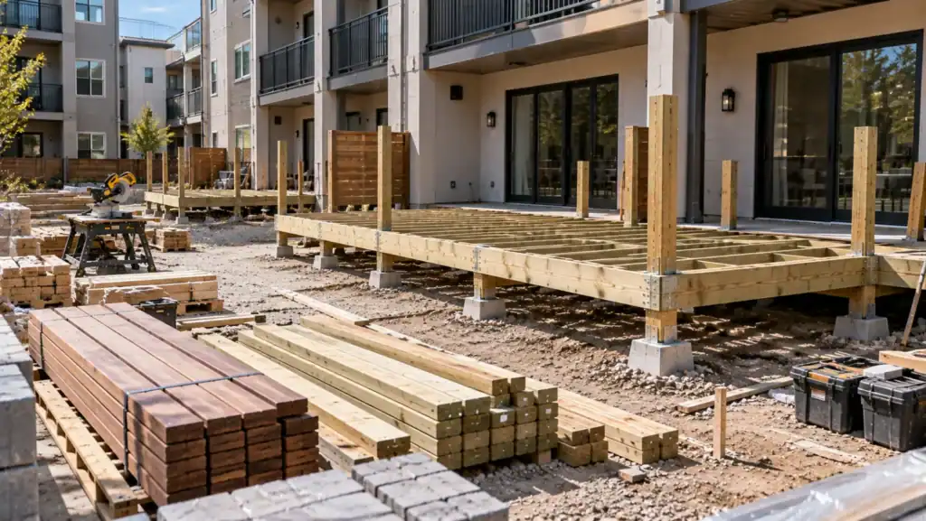 Pressure-treated deck frame on concrete footings with stacked lumber and a miter saw at an apartment courtyard build