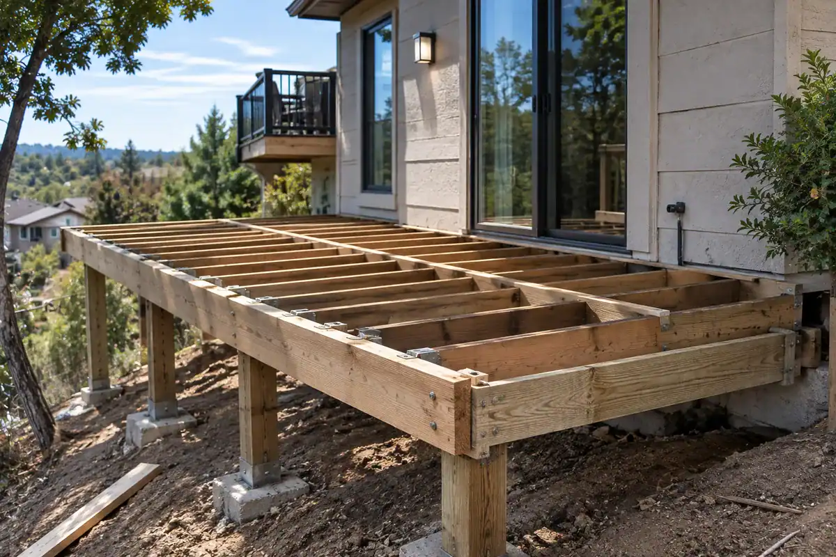 Hillside deck frame on posts and piers, joists set and ready for decking