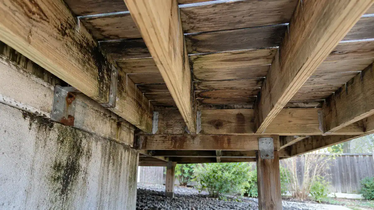 Underside of a wood deck with dark water staining on joists, beam and galvanized hangers beside a stained wall