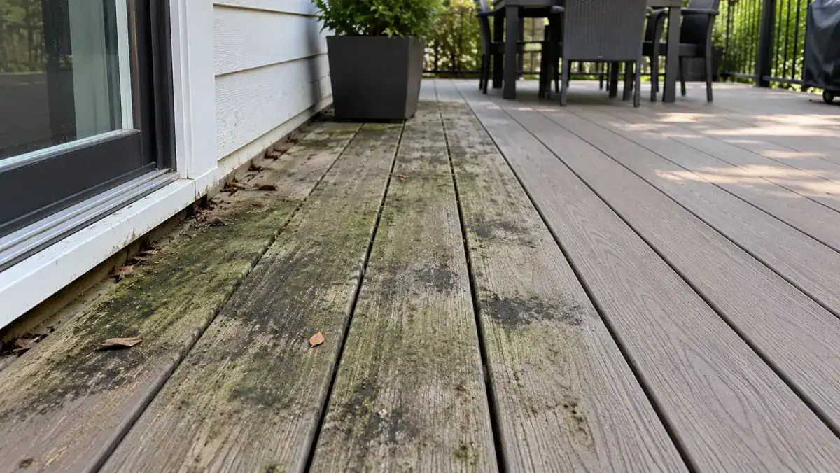 Green mold and leaf debris on composite deck boards along the wall line beside a sliding door, cleaner boards farther out
