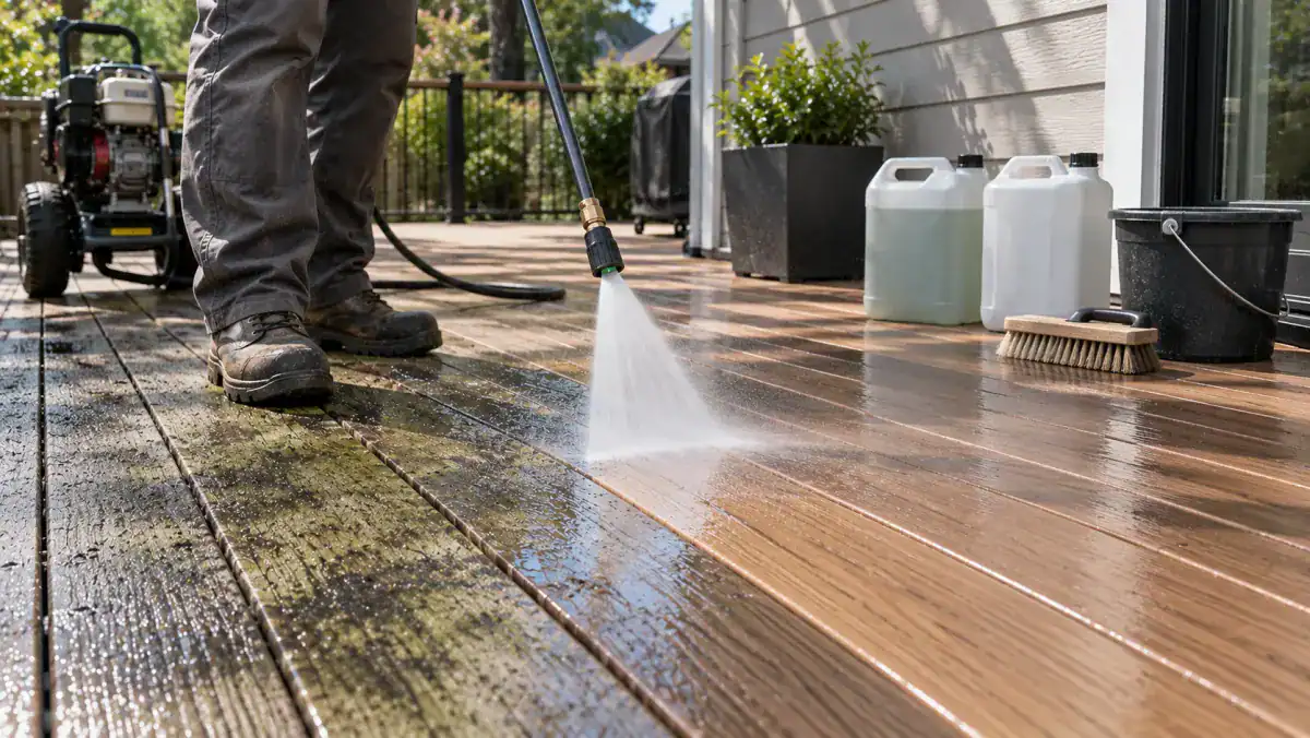 Person in work boots pressure-washing green mildew off deck boards, with white jugs, a bucket and scrub brush nearby