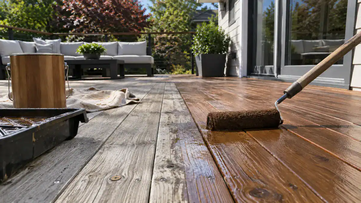 Roller applying brown stain to weathered gray wood deck boards, with a stain can and paint tray nearby