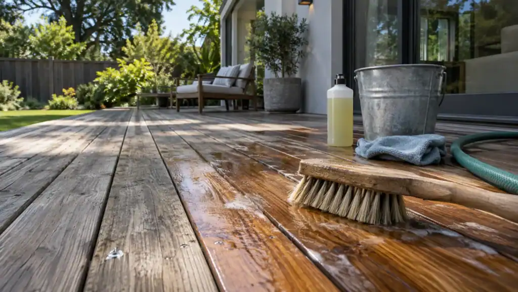 Scrub brush, cleaner bottle, galvanized bucket, blue cloth and garden hose laid out on wet wood deck boards