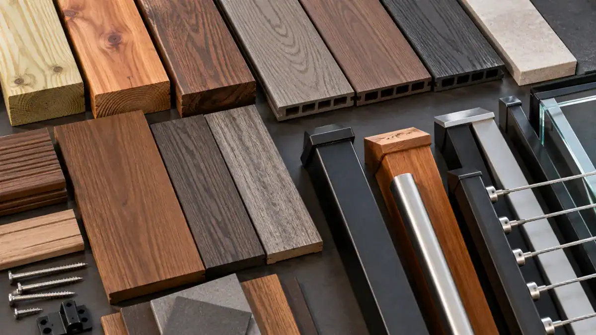 Flat-lay of deck material samples: wood boards, grooved composite planks, metal and wood railing posts, cable rail, screws