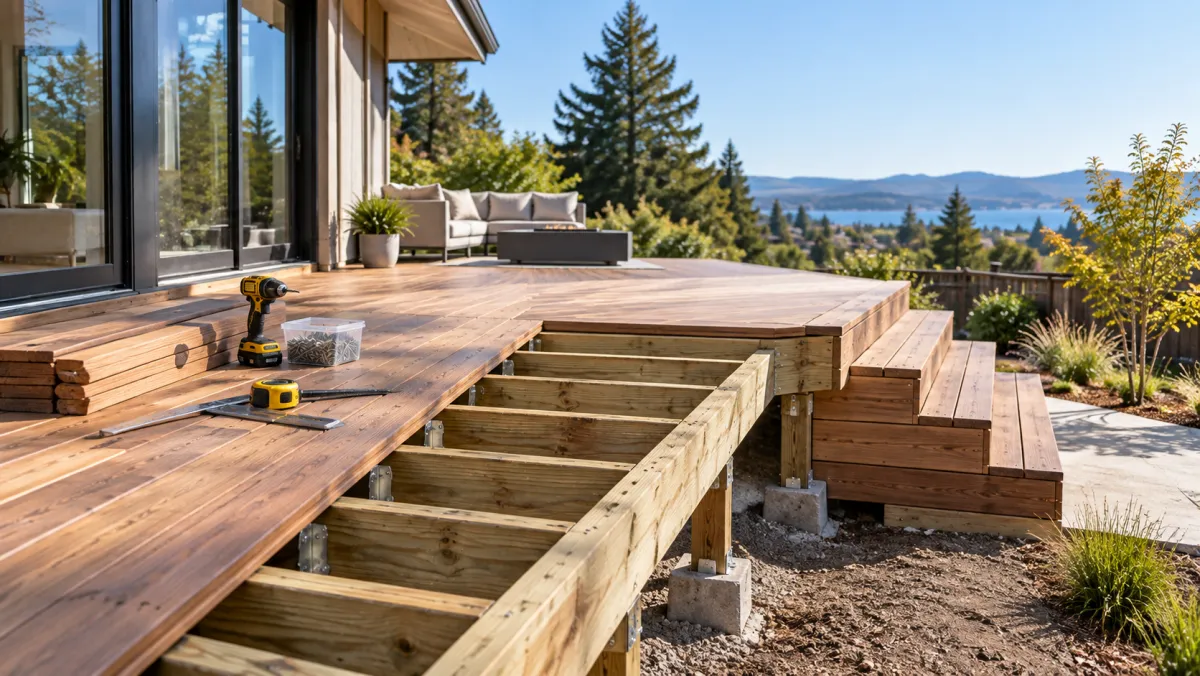 Elevated deck partly decked, exposed joists on posts over concrete piers, wide wood steps at one side, tools on the boards