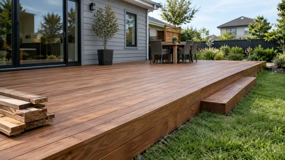 Finished ground-level wood deck with a single step down to the lawn and a stack of spare boards at one corner