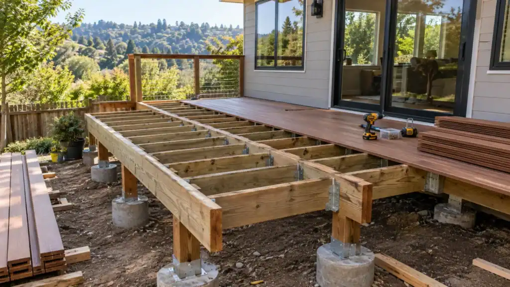 Raised deck under construction: joists on concrete pier footings, half covered in decking boards, cable railing behind