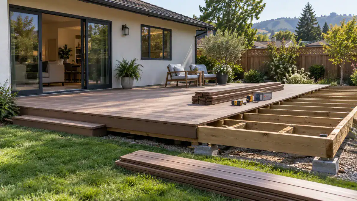 Low deck partly built: finished boards with two chairs beside open joist framing on concrete piers, step down to lawn