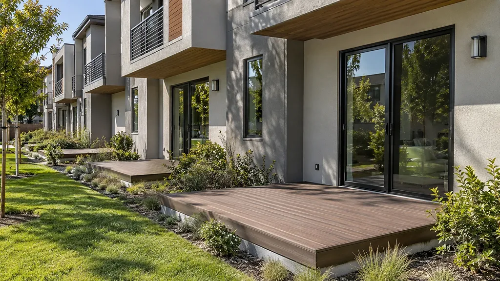 Deck installation Sacramento — new composite patio decks installed along the ground-floor units of an apartment building