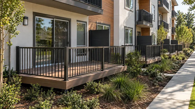 Decking contractors Sacramento — raised townhome decks with metal railings and privacy screens installed as one system