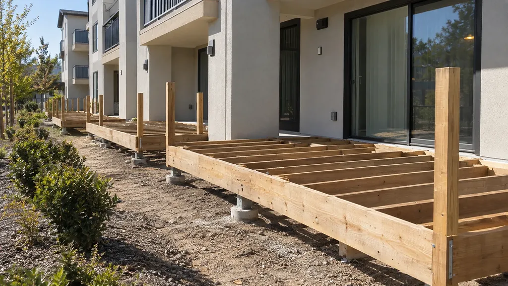 Professional deck installation services — joist framing on pier footings with guardrail posts set, before decking