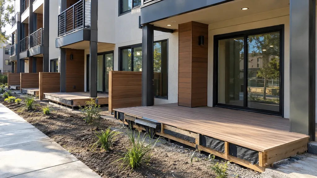 Decking installed over joist tape at a ground-floor patio — the detail specialist installers do as routine