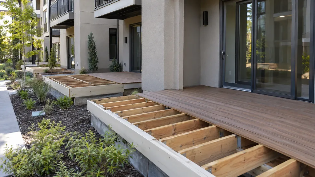 Deck installation services — composite boards going down over the joist frame at a ground-floor apartment unit