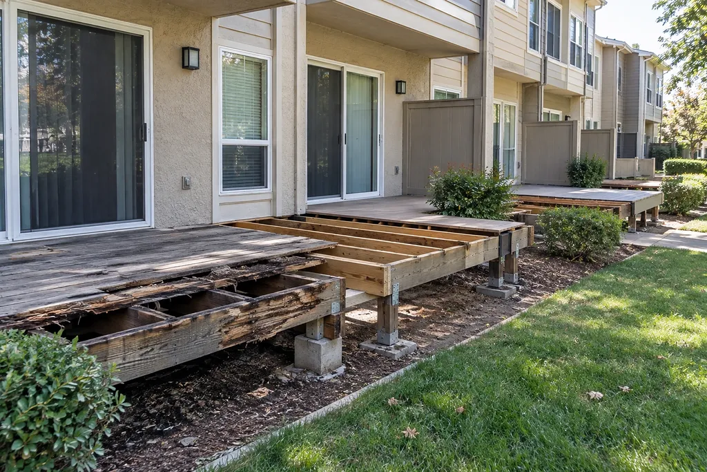 Deck repair Sacramento CA — rotted boards and rim joist removed, new framing going in at a townhome patio