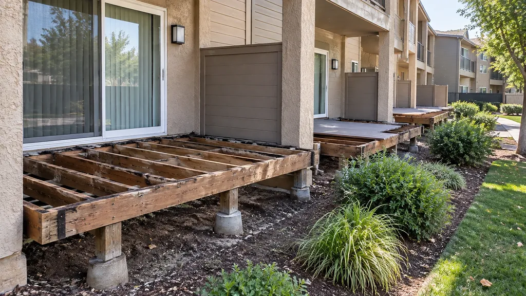 Sacramento decks — row of ground-floor patio frames exposed for repair along a townhome building