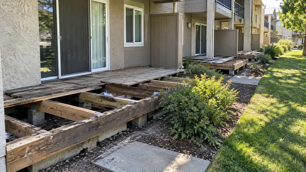 Deck repair Sacramento — patio decking lifted to expose a weathered frame and rotted rim joist on pier blocks