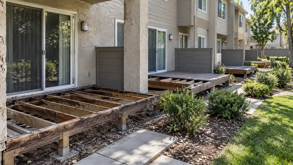 Deck repair Sacramento CA — patio decking removed to expose the full frame for assessment at an apartment community