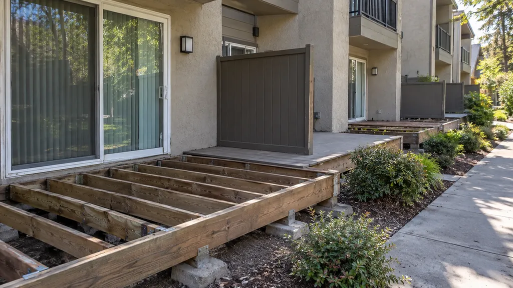 Local deck repair — patio frame with replacement joists and new hangers installed before decking goes back down
